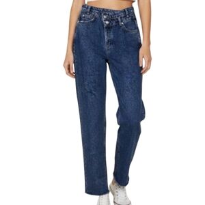 MNG Mango Denim Offset Button Ultra High Rise Straight Leg Jeans